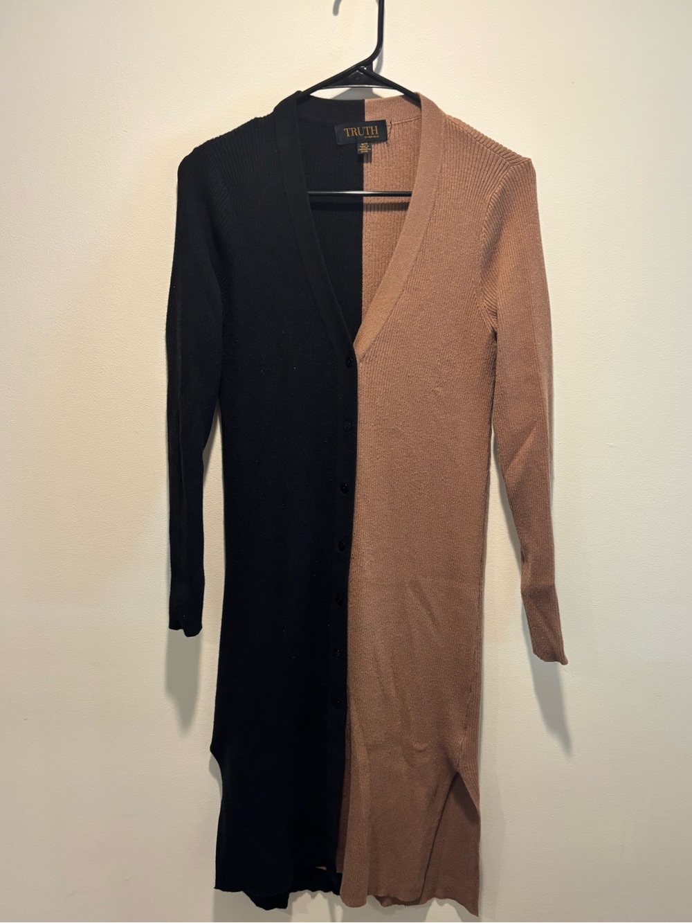 TRUTH Black and Camel Long Sleeve Ribbed Button Cardigan Dress